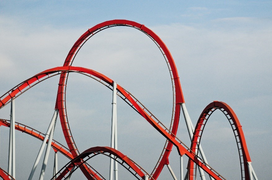 Photo of rollercoaster track loops and twists shown against the sky
