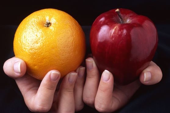 Photo of hands holding an apple and an orange